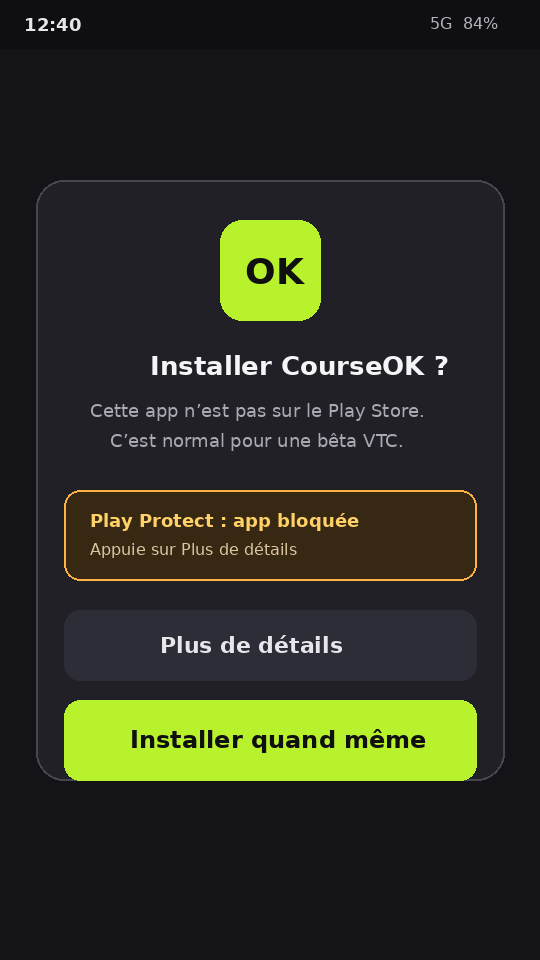 Dialogue Installer CourseOK avec Installer quand même